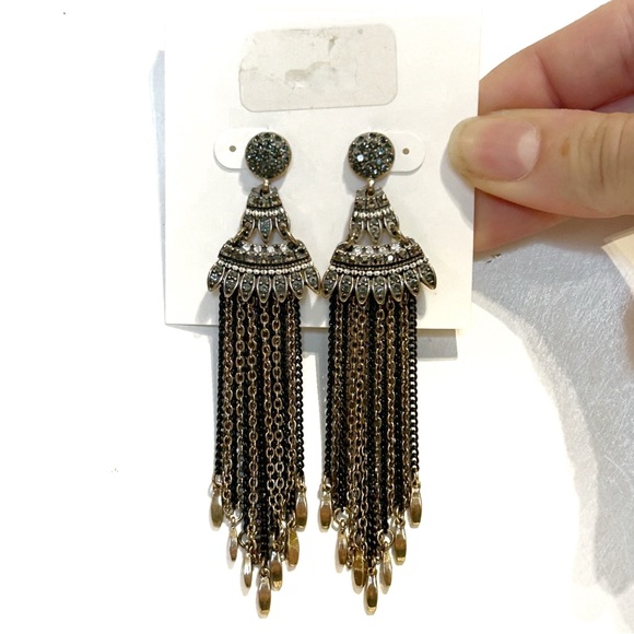 Rhinestone Black and Silver Tone Dangling Chandelier Earrings Statement Sparkly - Picture 1 of 6